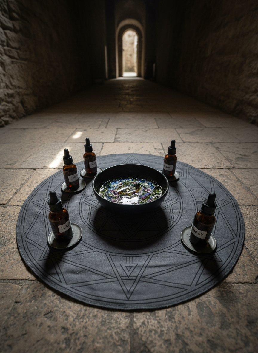 A circular, charcoal-gray ritual cloth is spread neatly over an old stone floor, marked with subtle geometric patterns and a central sigil. At its heart, a black ceramic bowl contains a mixture of shimmering oil, tiny herbs, and glints of mica, as if charged for manifestation work. Around the circle rest four unlit candles in matte metal holders and a carefully arranged set of labeled dropper bottles. The environment is a low-lit chamber with rough stone walls and a single narrow archway in the distance. Side lighting from an unseen source creates crisp highlights on glass and metal, deepening the shadows. Photographic realism, top-down composition, emphasizing order, method, and step-by-step manifestation methods.
