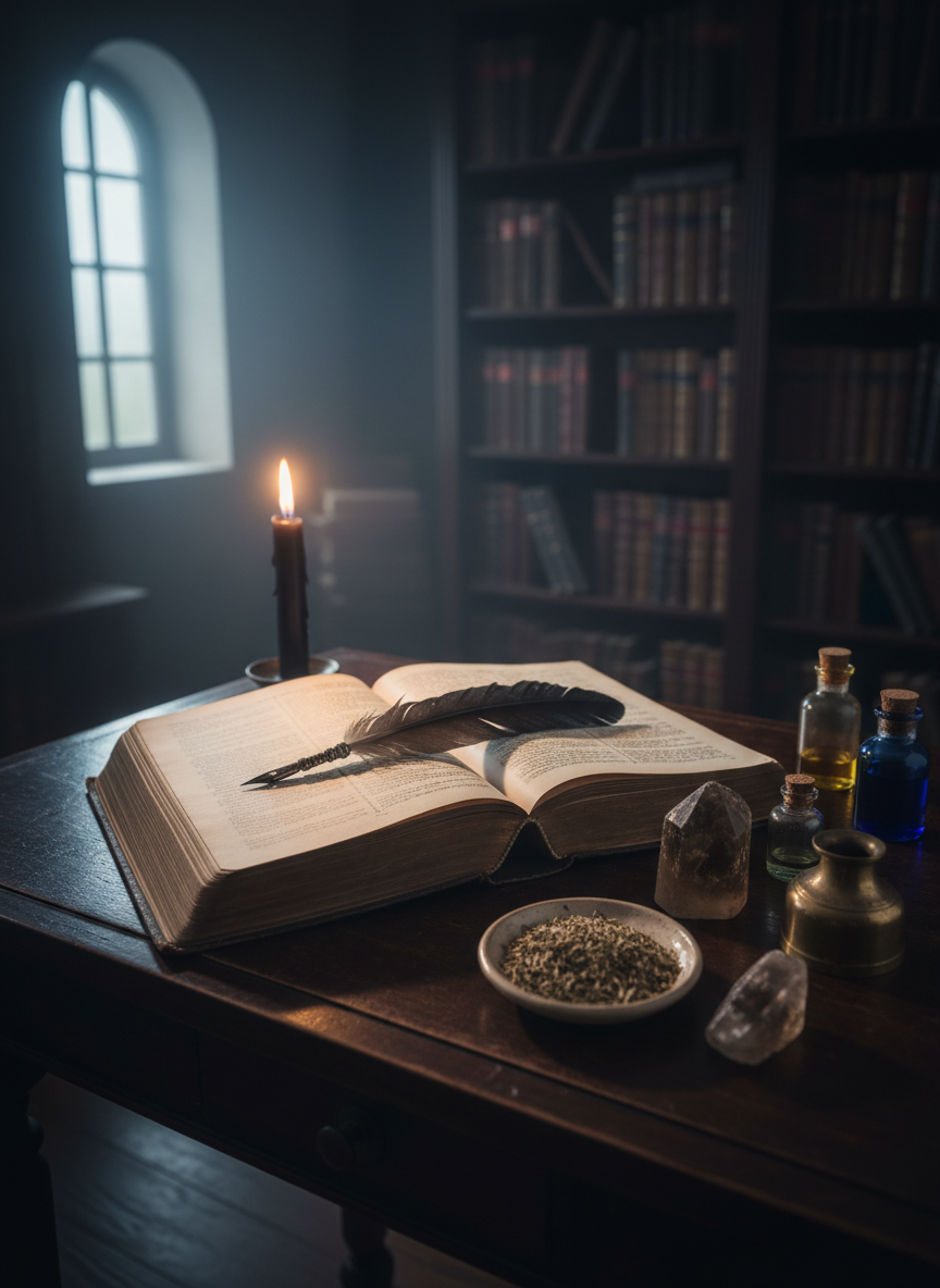An open leather-bound grimoire lies on a dark wooden desk, its aged, blank pages subtly textured and illuminated by a single black pillar candle. Around the book, symbolic objects hint at intentions and affirmations: a smoky quartz point, a feather quill resting in an inkwell, and a small dish of dried herbs beside two opaque vials of oil. The setting is a dimly lit study lined with towering bookshelves fading into shadow. Cool moonlight filters through a narrow window, mixing with the warm candle glow to create moody contrast. Photographic realism, shot from a slightly elevated angle with the book centered, emphasizing a contemplative, instructional mood suited for written guidance and FAQ-style wisdom.