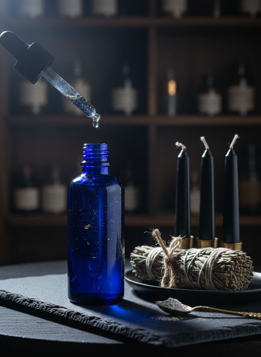 A midnight-blue glass bottle of magickal oil stands upright on a narrow slate ledge, its dropper top beaded with a single glistening drop. Tiny plant fragments and glittering particles are visible through the tinted glass. Beside it, an onyx plate holds a few black taper candles, a bundle of dried herbs tied with twine, and a small brass spoon dusted with powder. The background fades into a dark, out-of-focus apothecary shelf. A cool, directional spotlight from above and behind creates a halo-like rim light around the bottle and candles, evoking a serious, potent atmosphere. Photographic realism, close-up macro perspective, with extreme detail and soft bokeh, ideal for illustrating oil tips, uses, and careful craftsmanship.