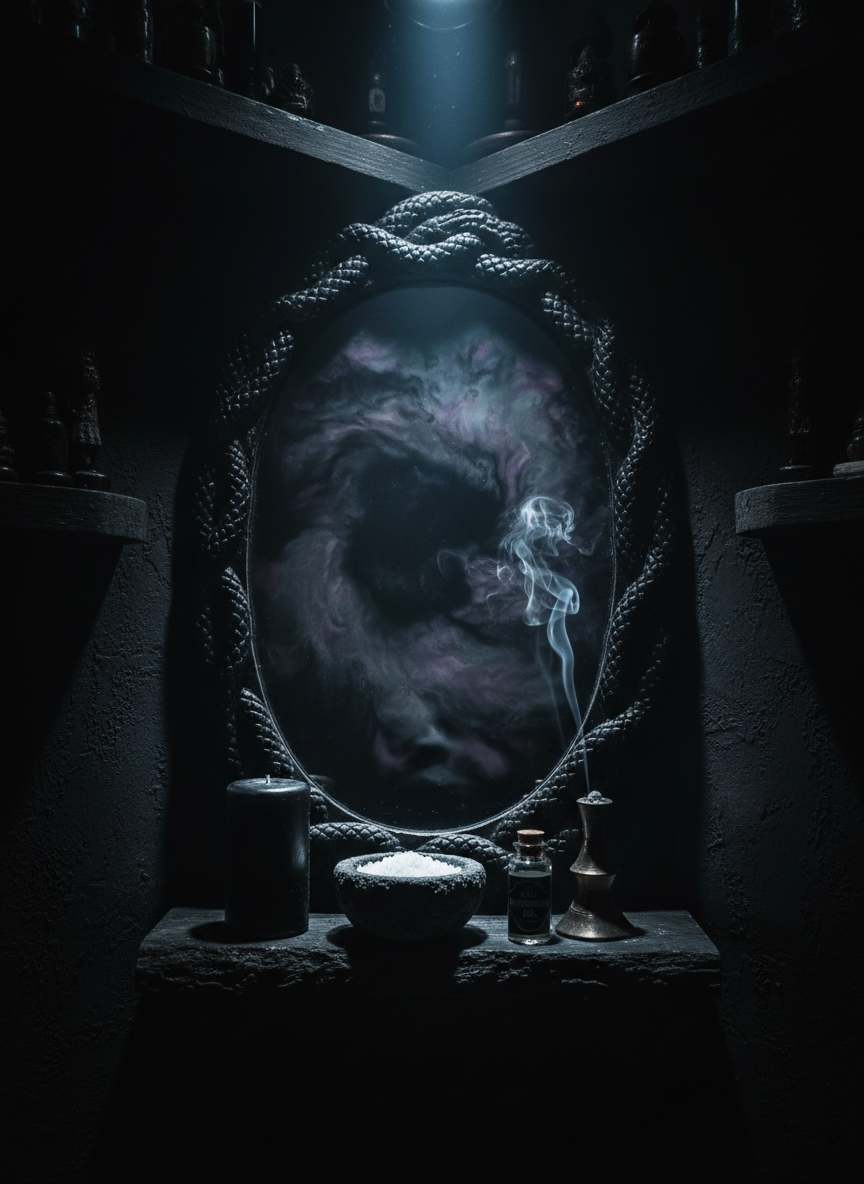 A shadowy altar corner features a large, intricately carved black mirror framed with serpentine motifs, its surface reflecting swirling darkness rather than a clear scene. Below it, a tidy arrangement of ritual tools: a matte black candle, a small stone bowl of salt, a slender incense burner releasing a thin trail of smoke, and a single labeled vial of manifestation oil. The altar stands against a textured charcoal wall, with shelves of indistinct objects receding into gloom. A single, angled shaft of cool light from above brushes the mirror’s edge and the tops of the objects, leaving the rest in near-black. Photographic realism, low-angle composition for a sense of depth and mystery, conveying advanced, niche magickal guidance.