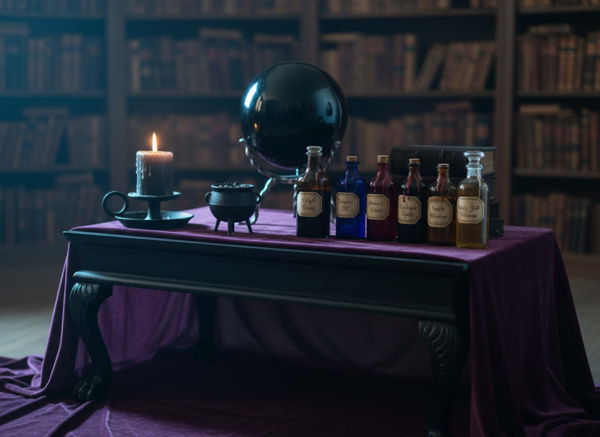 A heavy black altar table draped in deep purple velvet, its surface arranged with a dark glass candle, a small cast-iron cauldron, and neatly labeled amber bottles of magickal oils. Each bottle catches faint reflections, their liquids in shades of midnight blue, garnet, and smoky gold. Behind them, a large obsidian sphere rests on a metal stand, reflecting the room. The scene is set in a shadowy room lined with indistinct shelves of grimoires. Cool, directional light from one side carves out sharp highlights and long, dramatic shadows, creating an atmosphere of serious, practical magickal study. Photographic realism, shot at eye level with shallow depth of field, keeping the altar crisp and the background in soft, mysterious blur.