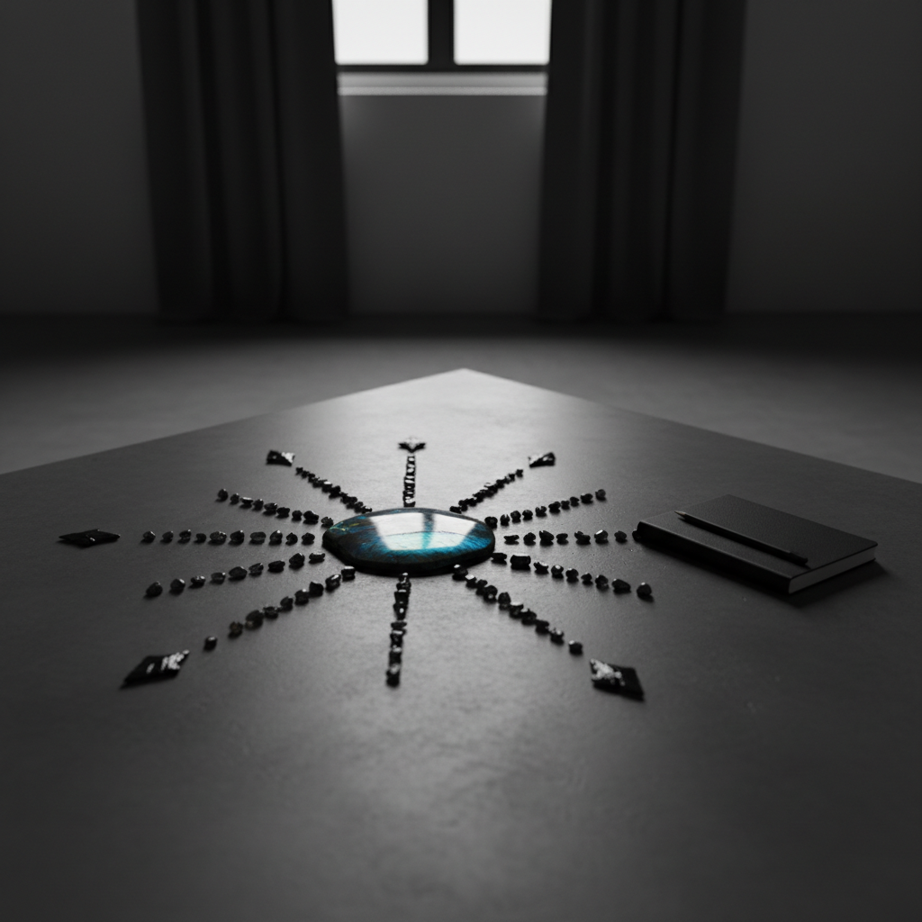 A minimalist black crystal grid is arranged on a smooth, dark concrete surface, centered around a large, polished labradorite slab that flashes with blue and green fire. Radiating outward, smaller stones form clear paths, with a small obsidian arrowhead at the end of each line, subtly suggesting focused intentions. Nearby, a matte-black notebook lies closed with a graphite pencil resting across it, hinting at written affirmations. The environment is a sparse, shadowy room with only a faint outline of a window and heavy curtains. Soft, diffused side lighting creates gentle gradients across the crystals and concrete, cultivating a contemplative, practical mood. Photographic realism, shot from a slightly elevated three-quarter angle, balanced with the rule of thirds for a clean, modern, dark-aesthetic composition.